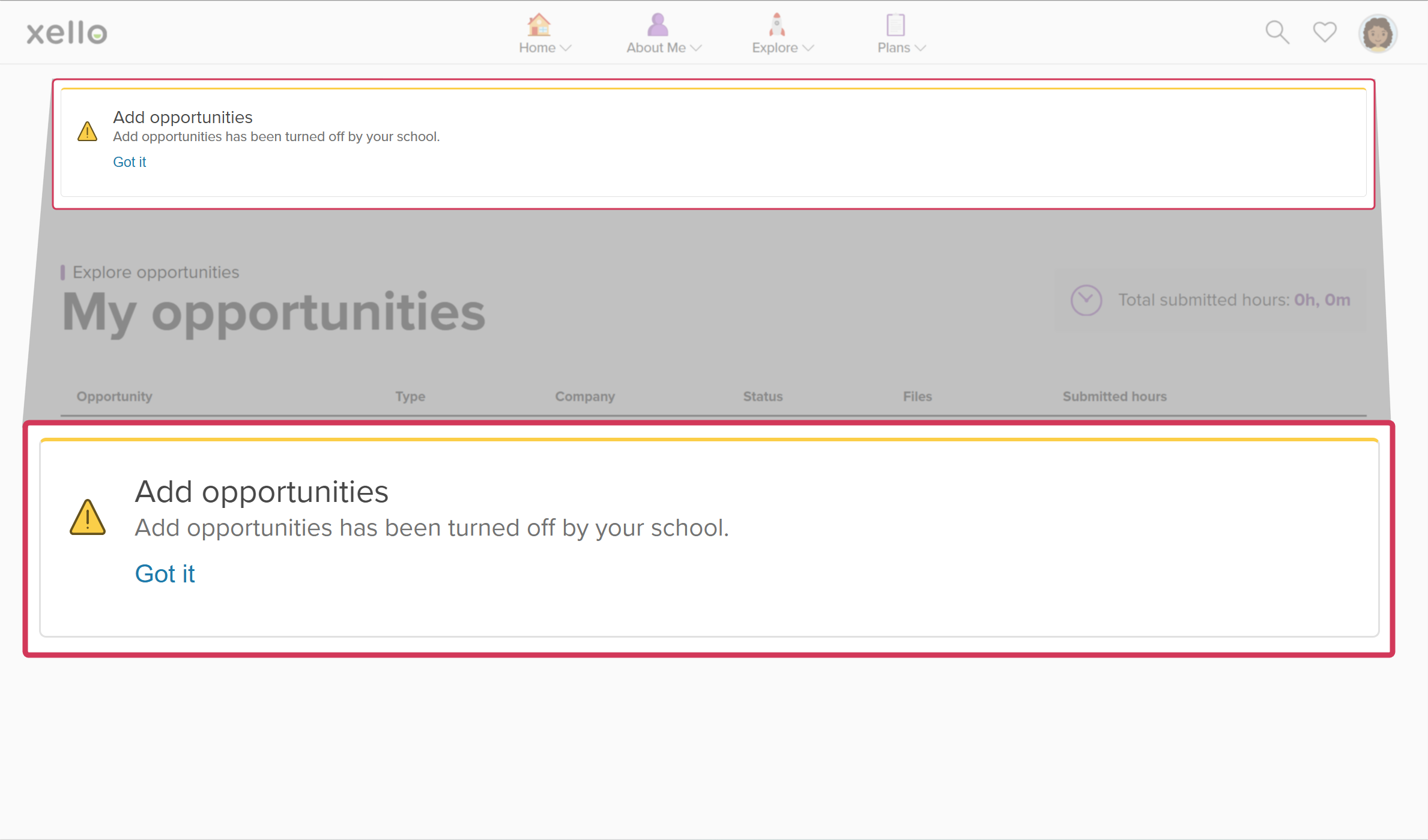 Student's list of opportunities they're tracking. There's a banner indicating that their school has turned off the ability to add opportunities.